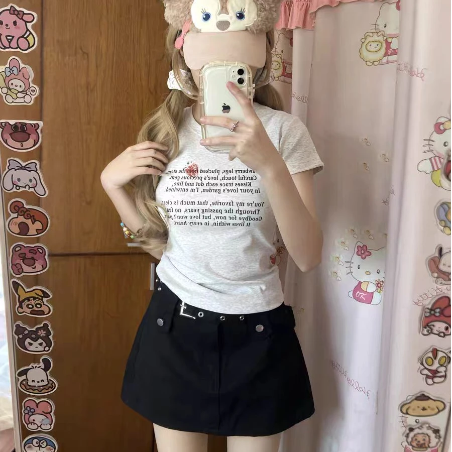 美式复古字母印花正肩短袖T恤女夏季新款辣妹风修身显瘦纯欲上衣