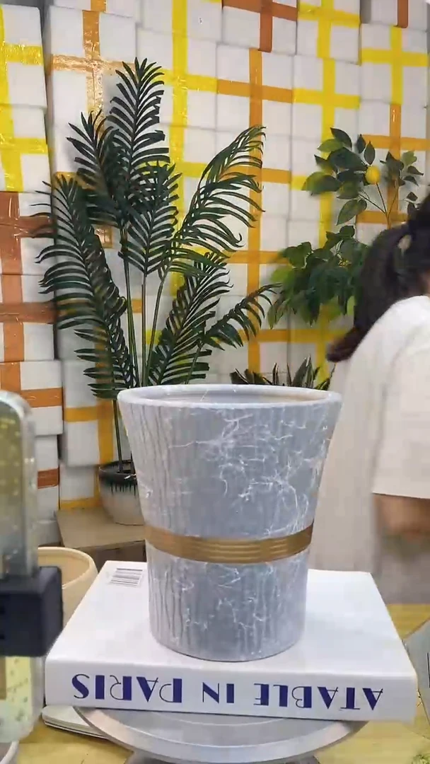 陶瓷花盆灰金边小蛮腰口径16/高度16