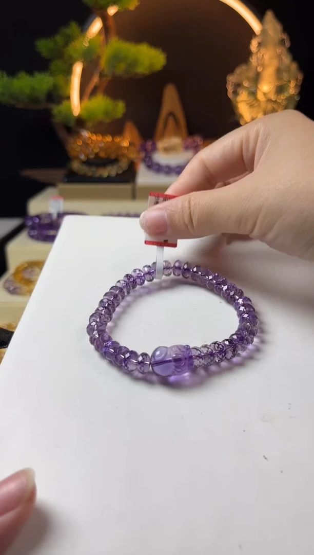 紫晶手链未镶嵌天然紫水晶算盘切面貔貅手串7mm
