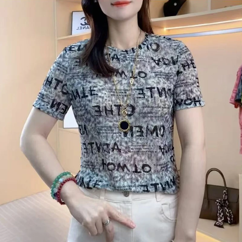 修身型T恤印花短款显瘦半袖字母通勤休闲洋气圆领