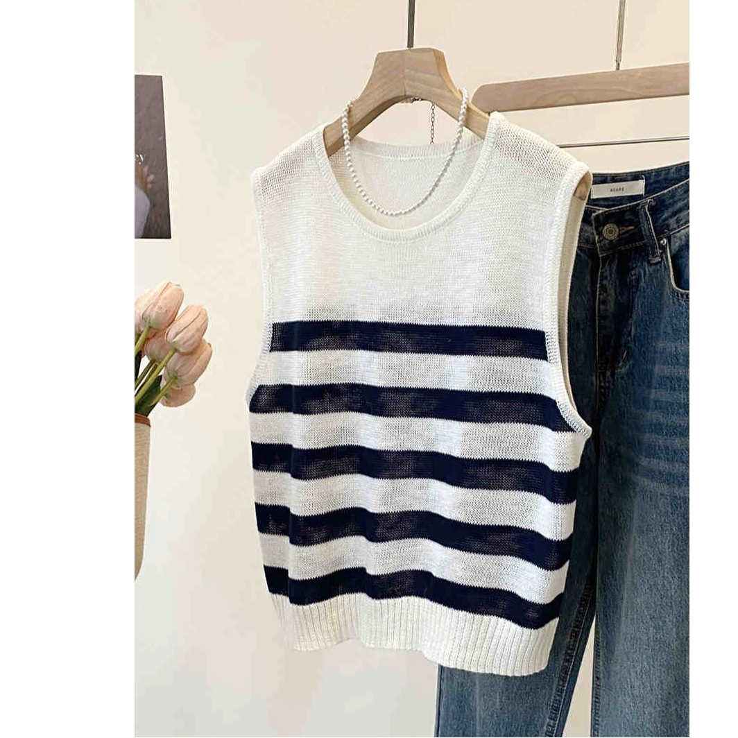 韩版春夏通勤百搭粗针条纹针织背心女宽松短款休闲外穿无袖罩衫潮