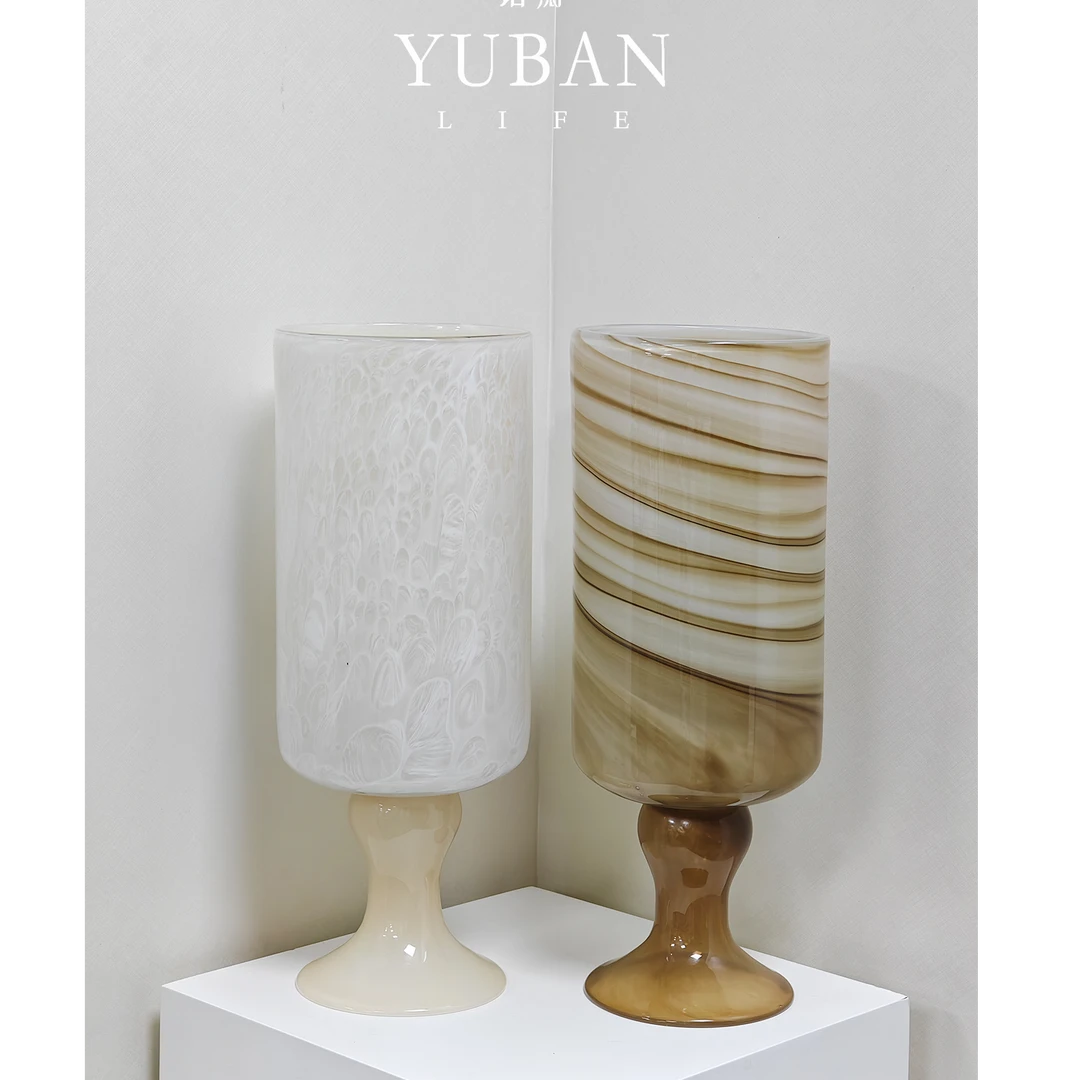 白玉盏 YUBAN 法式艺术奶油风高脚琉璃花瓶轻奢质感水培客厅摆件