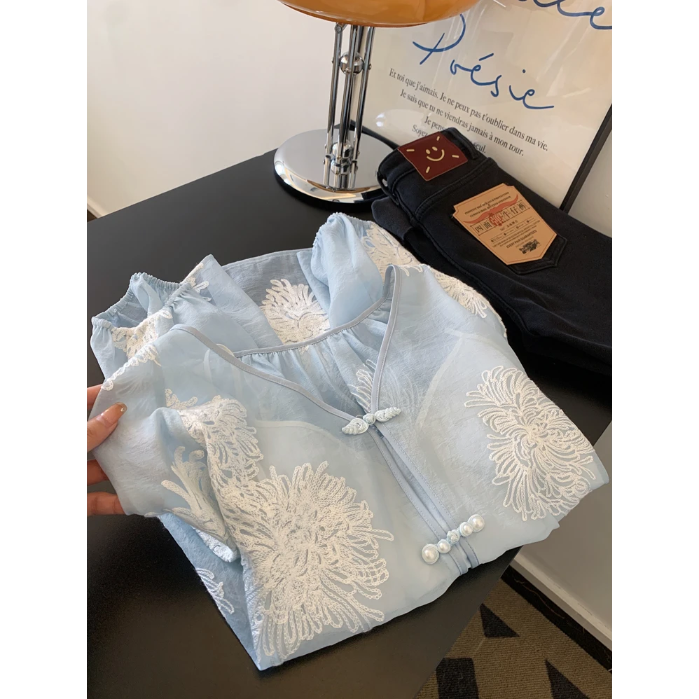 新中式两件套重工刺绣独特漂亮内搭衬衫衬衣女士气质上衣轻奢高级