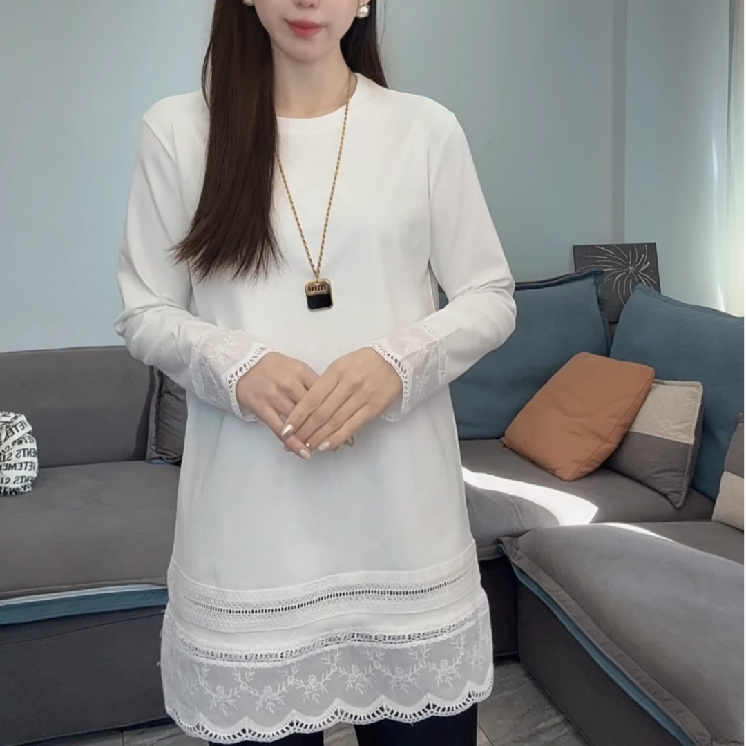 爆款2025拼接蕾丝长袖T恤女新款圆领上衣内搭显瘦百搭镂空宽松潮