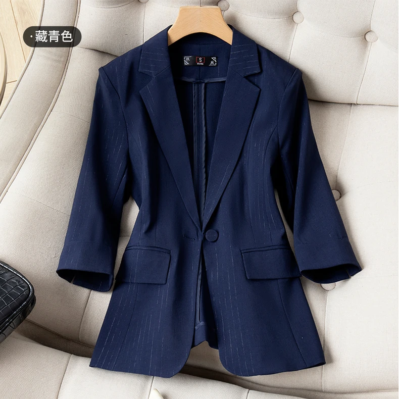藏青色西装外套女夏薄款职业装气质女神范正装工作服中袖西服套装