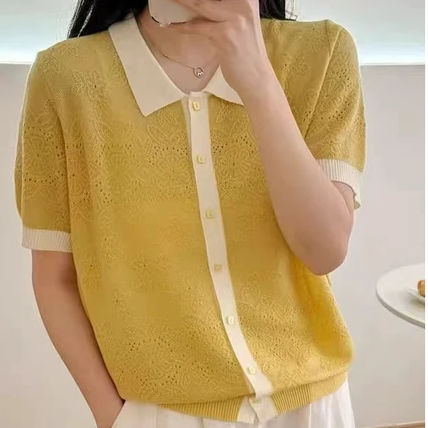 【糖果柠檬】夏季清新柠檬黄小翻领针浮雕针织衫