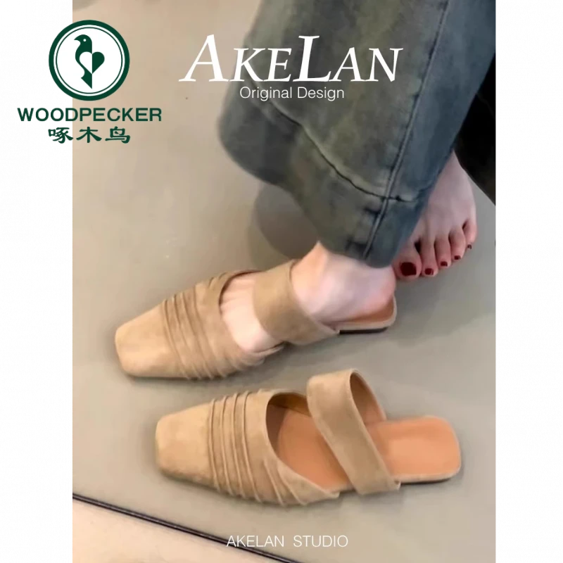 啄木鸟法式低跟包头半拖鞋女外穿2025夏季新款外穿方头褶皱穆勒鞋
