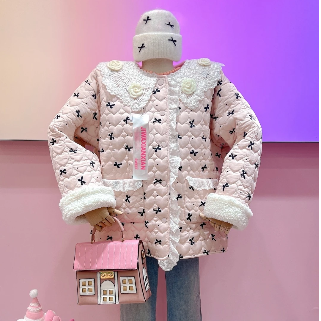 【纯熙+】16160秋冬新款蝴蝶结花朵领棉服外套女韩版宽松百搭遮肉