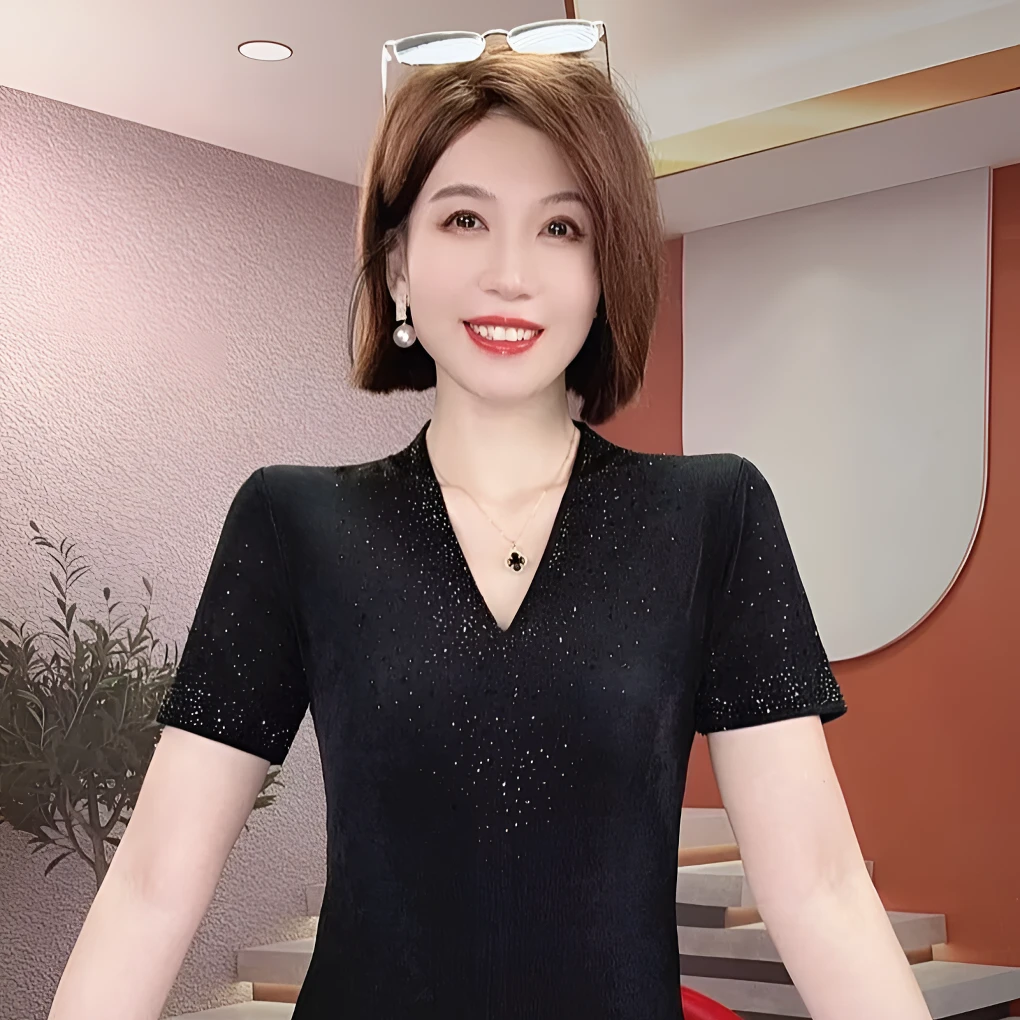 黑色v领冰丝短袖t恤女夏季新款内搭烫钻网纱体恤小衫妈妈收腰上衣