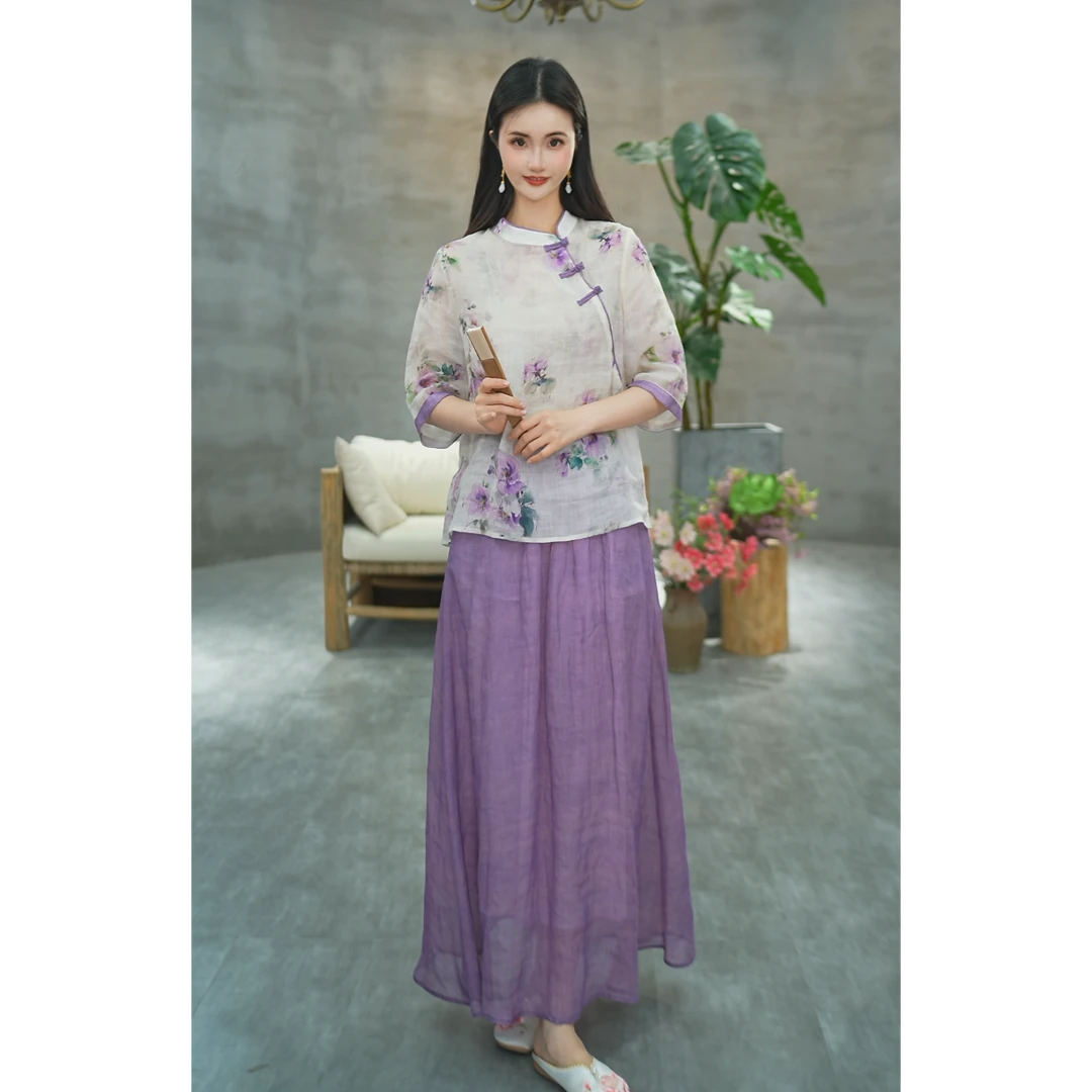赠李白【紫木槿】 100支苎麻国风原创设计宽松改良上衣裙子套装7119