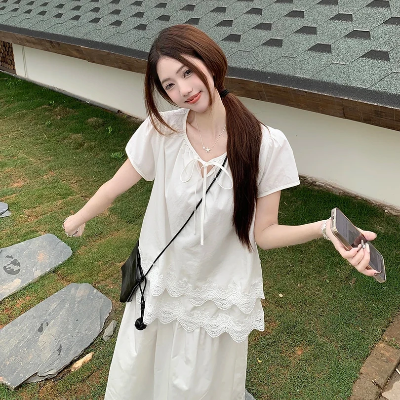 2025新款夏季层叠镂空花边法式衬衫气质显瘦短袖小衫女白色甜美衫