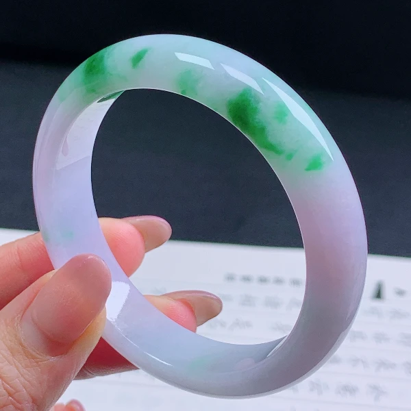 55圈天然翡翠A货老坑冰糯种春带彩正圈手镯12女款平安镯飘绿宽边