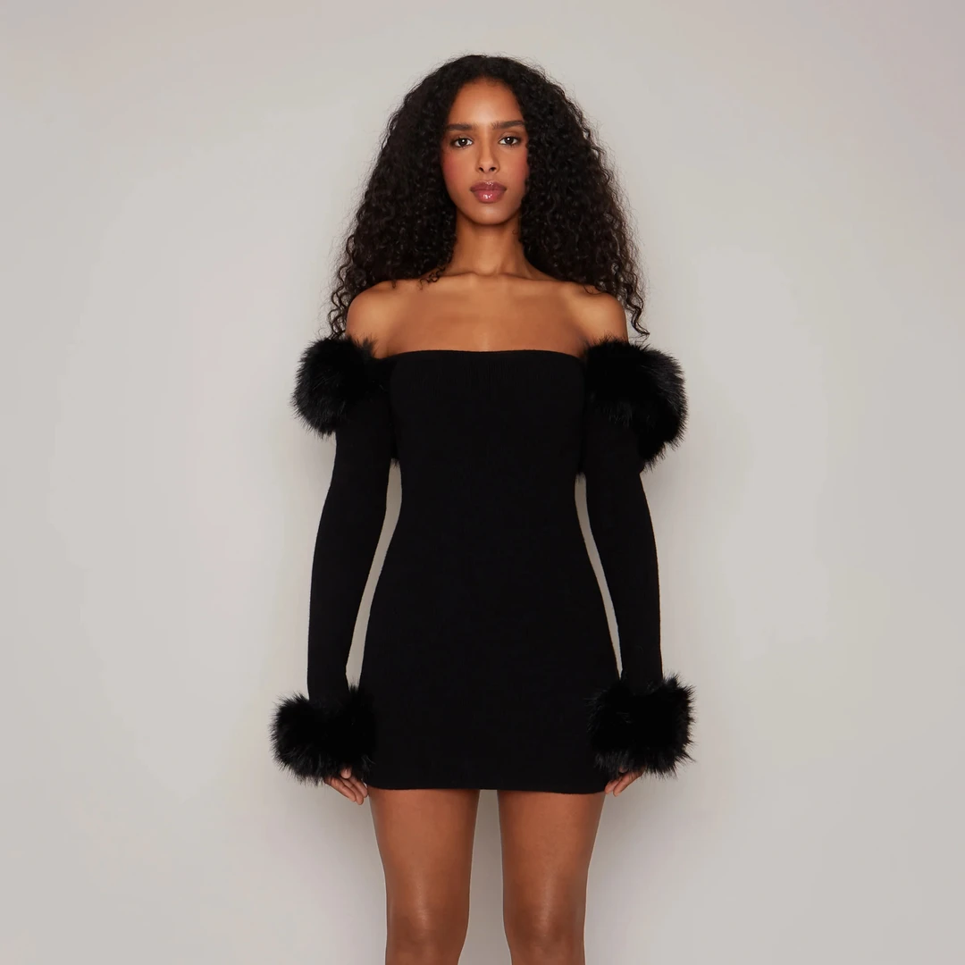 YoungerLady宋智雅同款赫本风拼接毛毛设计感修身显瘦包臀连衣裙