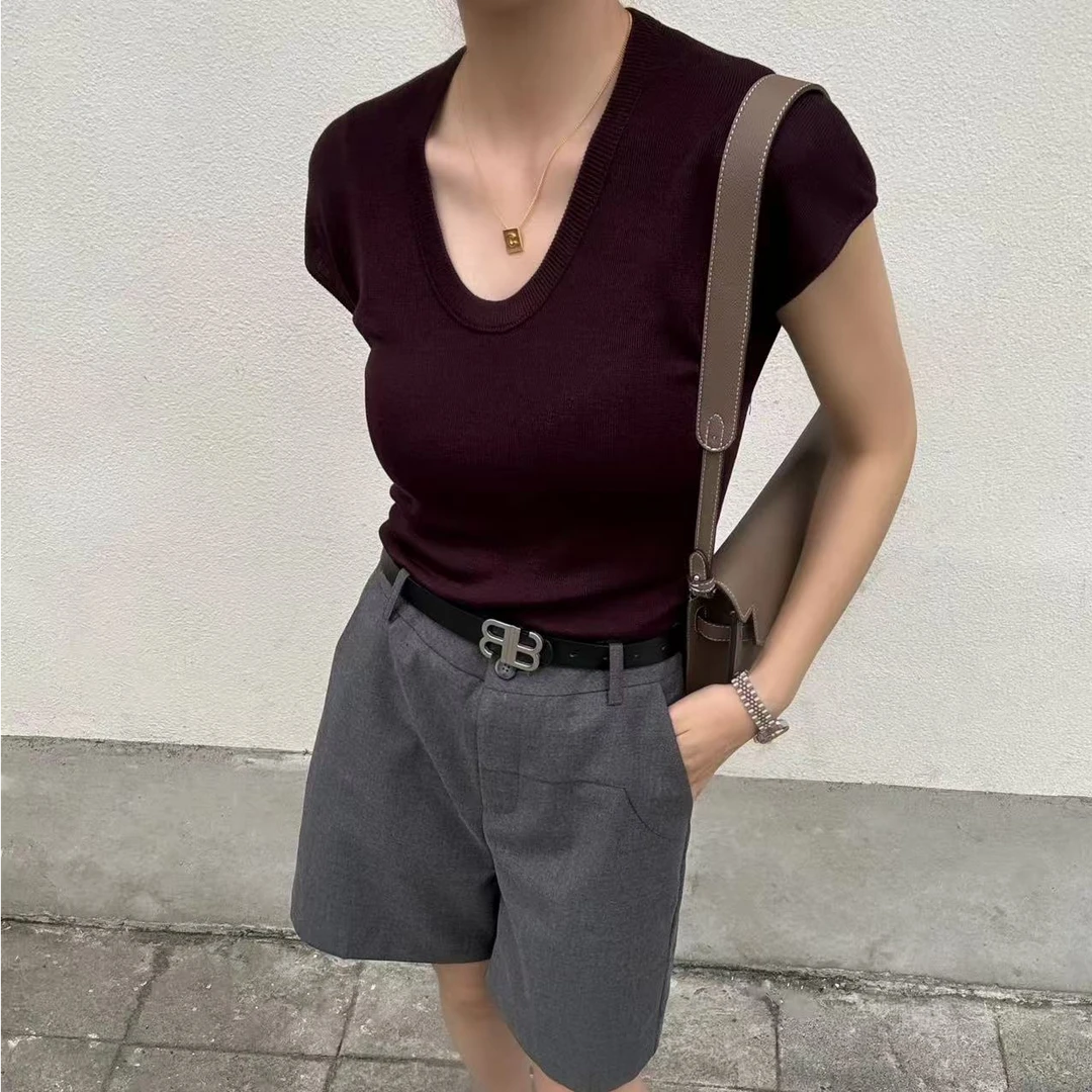 法式葡萄紫u领小飞袖短袖冰丝t恤女夏季别致甜辣修身上衣薄夏款新