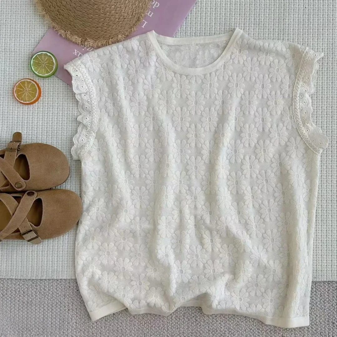 韩版百搭修身雕花重工飞飞袖针织上衣女2025年夏季新款显瘦时尚