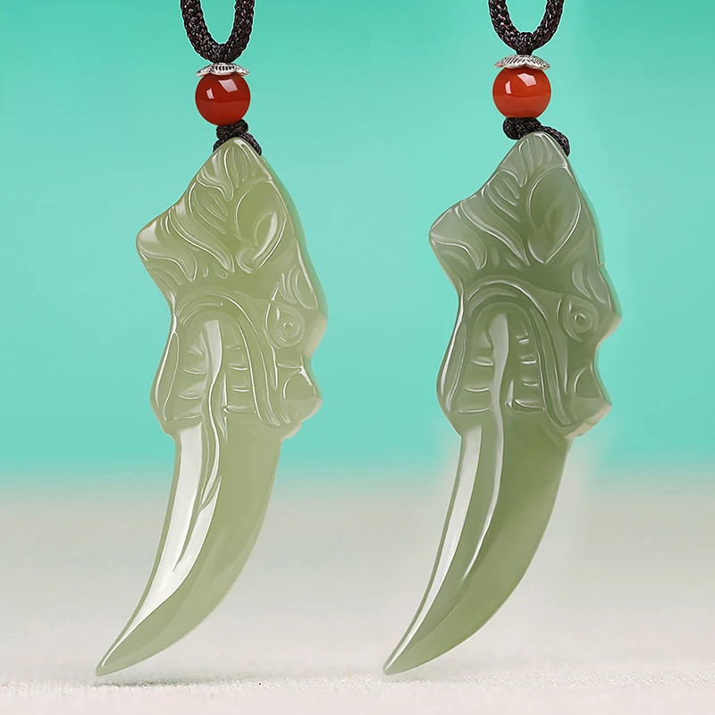 新疆和田玉青玉龙牙吊坠湖水绿天然玉石吉祥平安玉佩男女款项链