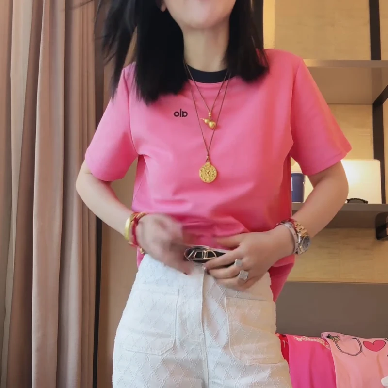 2025春夏新款欧若风字母刺绣领口撞色拼接短袖上衣LK2502423