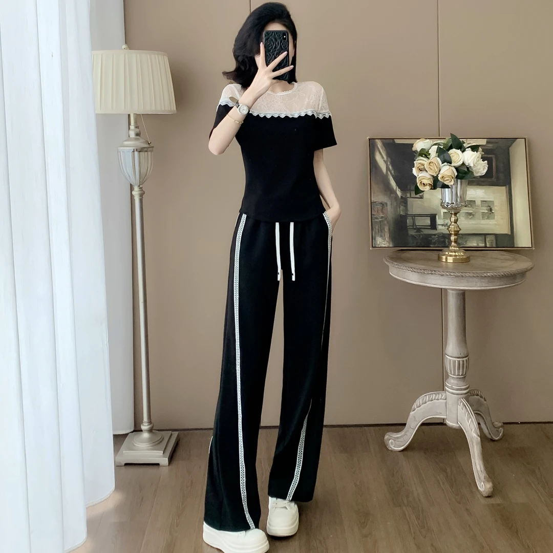 2025夏季新款休闲套装女显瘦洋气气质蕾丝拼接短袖阔腿裤两件套潮