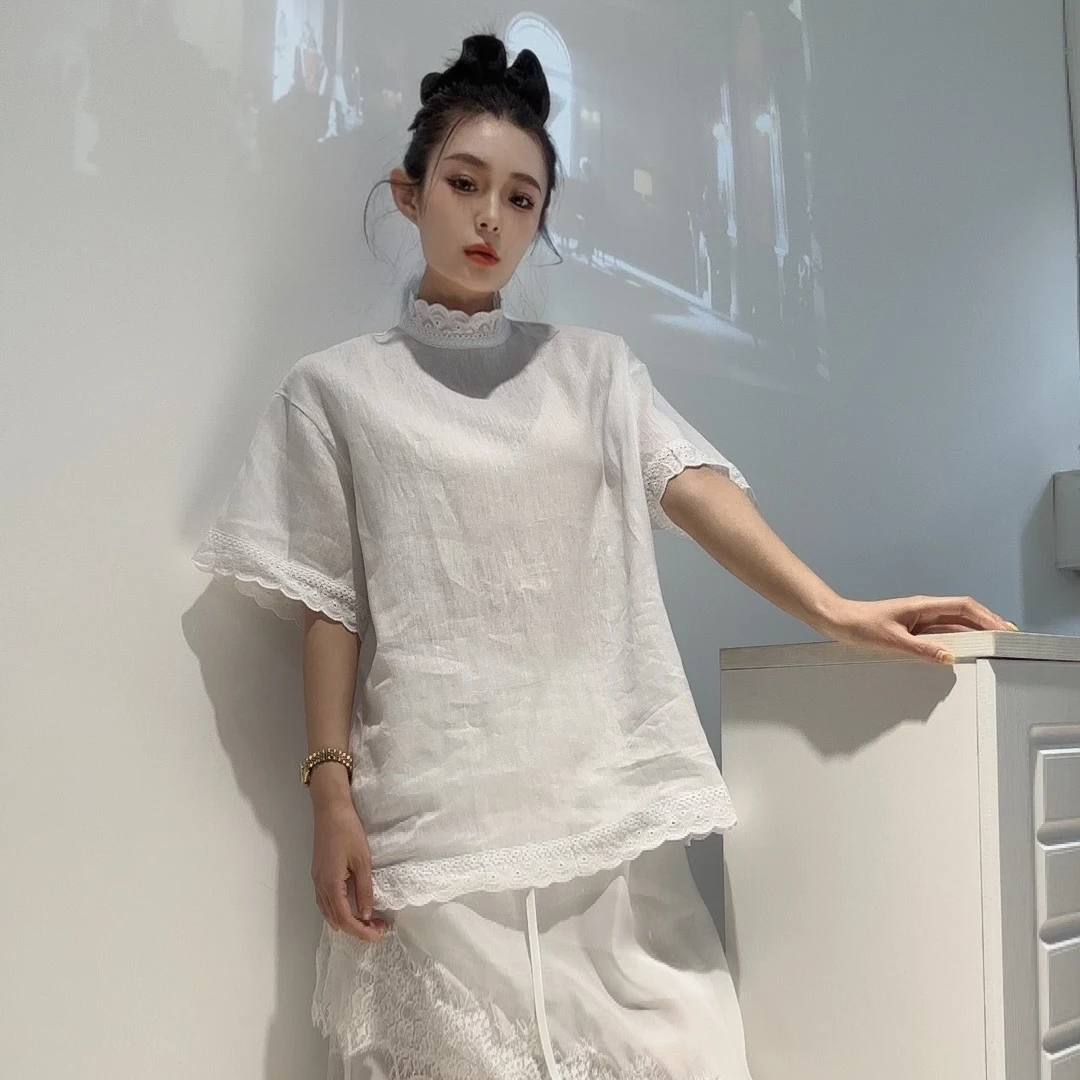 5635高级感亚麻花边衬衫