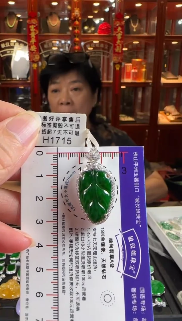 颈饰18K金镶嵌翡翠H1715辣绿叶子