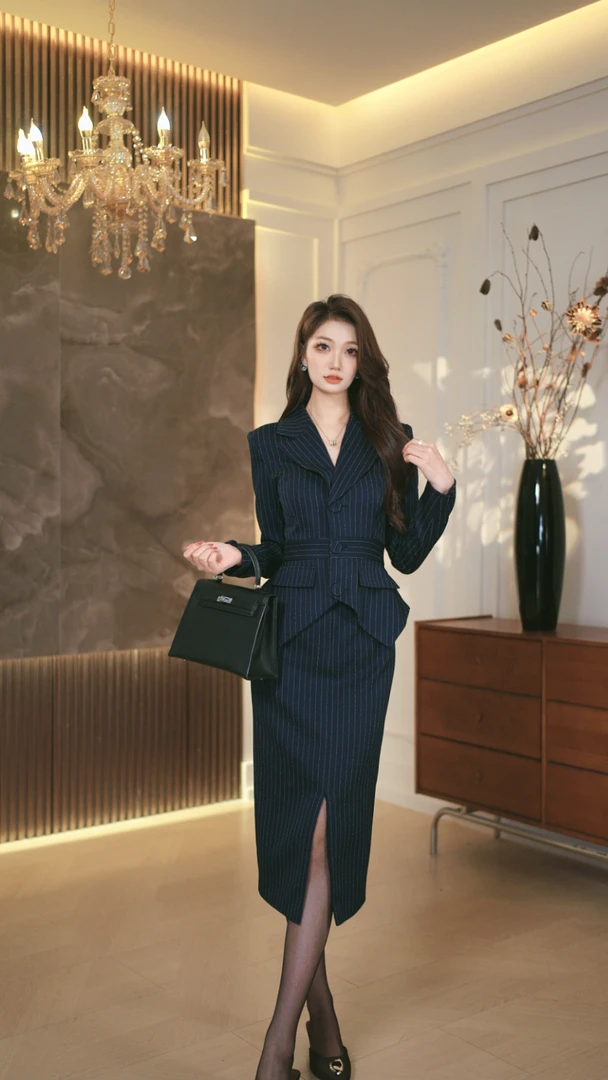 罗曼定制  原创设计修身套装半裙时尚收腰复古秋季长袖女神范