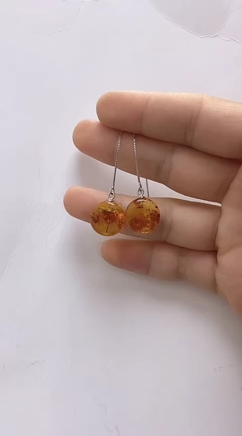【闪购商品】琥珀裸石银S925镶嵌花珀耳线