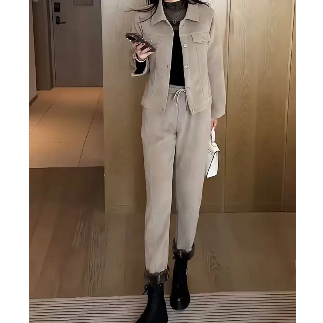 2024秋冬新款显瘦加绒休闲两件套时尚百搭女士套装2597衣52裤93