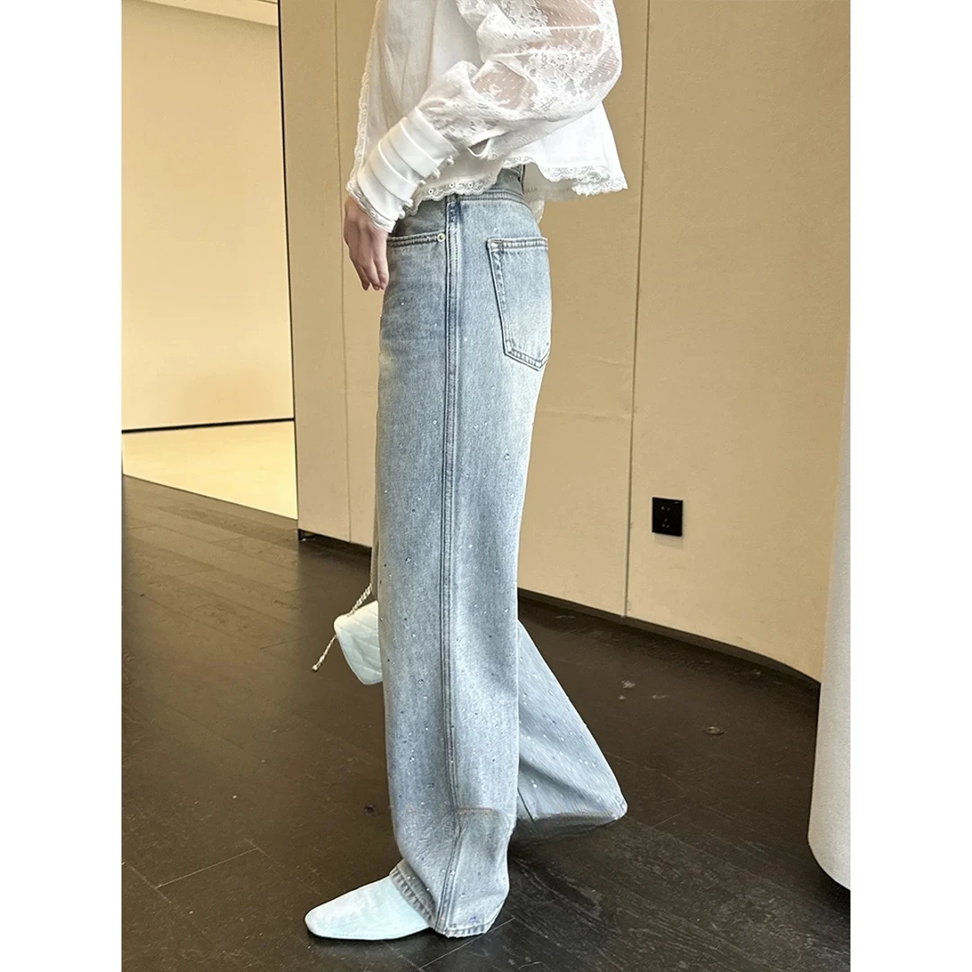 B20102浅蓝色百搭无弹力烫钻显瘦直筒牛仔阔腿裤