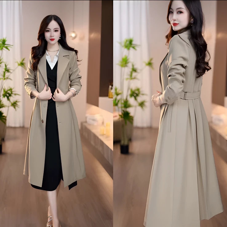 【新品上新】2025年秋季中长款宽松型薄款褶皱杏色百搭显瘦风衣外套