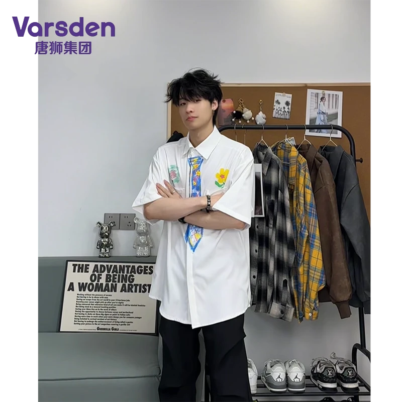 唐狮集团Varsden短袖衬衫男夏季新款宽松立领设计感涂鸦爆款上衣