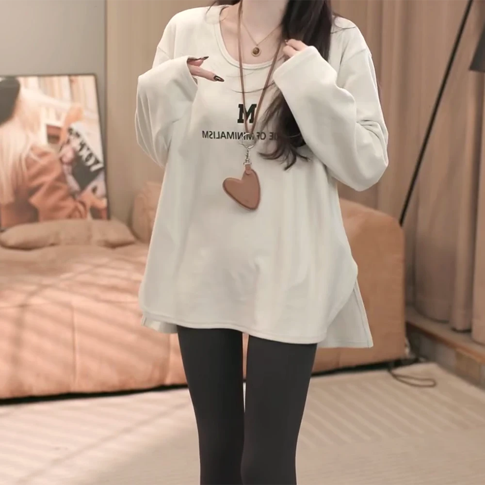 韩版字母常规长袖慵懒风U形宽松型印花圆领T恤C6507