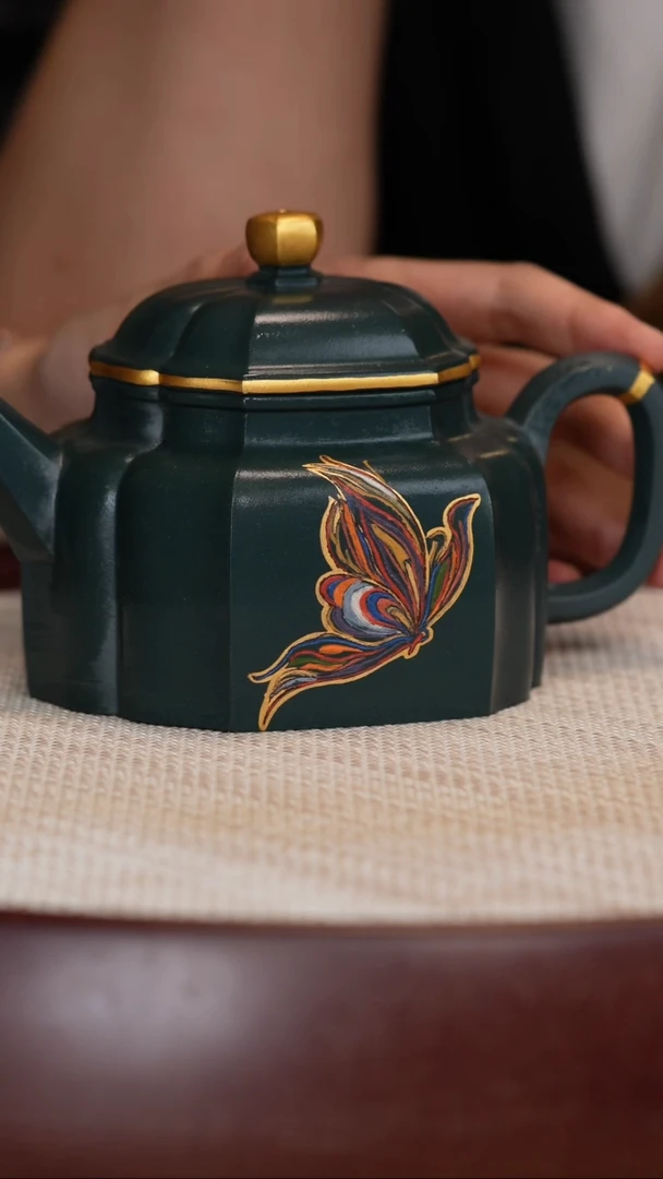 【闪购商品】紫砂茶壶景舟墨绿泥筋纹德钟+墨宝