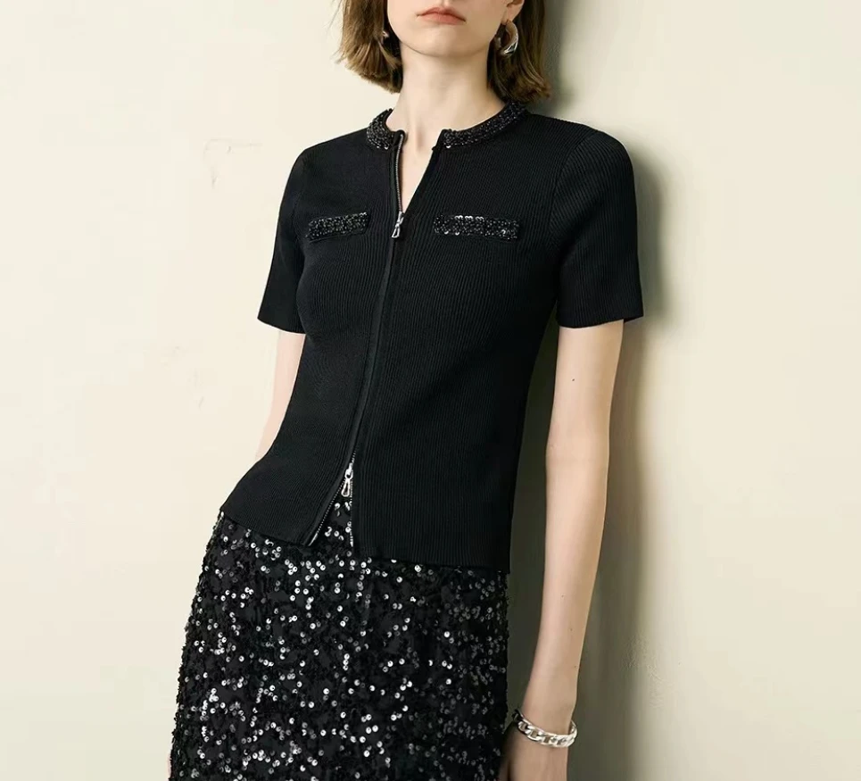 【蝴蝶】夏季新款设计感重工钉珠双拉链修身显瘦针织上衣0326001