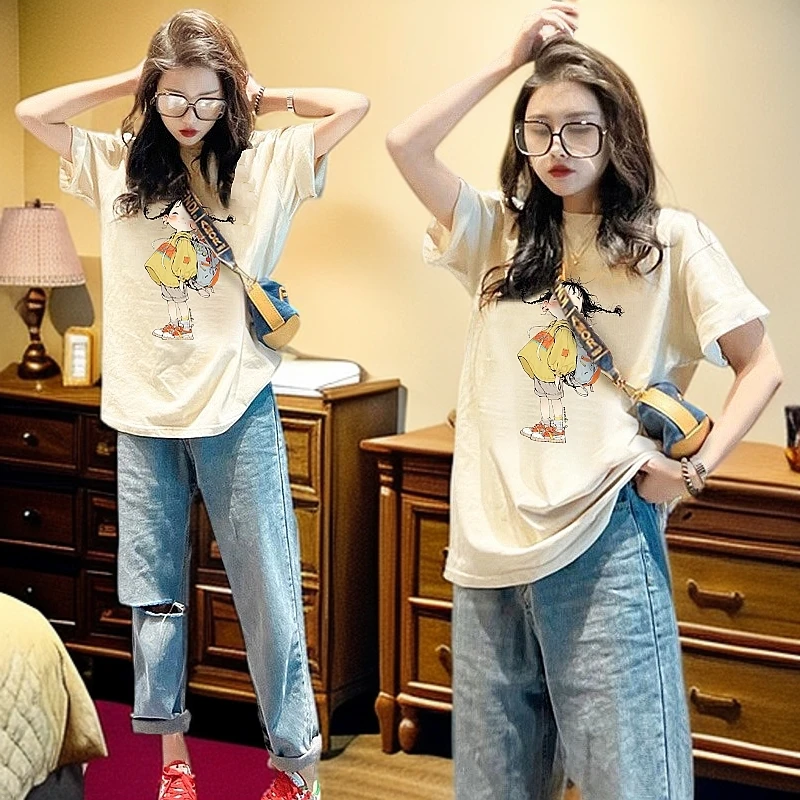 米色纯棉卡通短袖t恤女2025夏季新款爆款宽松设计感小众半袖上衣