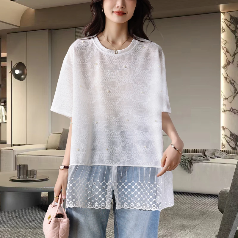 白色短袖t恤女夏季2025新款时尚洋气宽松设计感钉珠蕾丝花边上衣