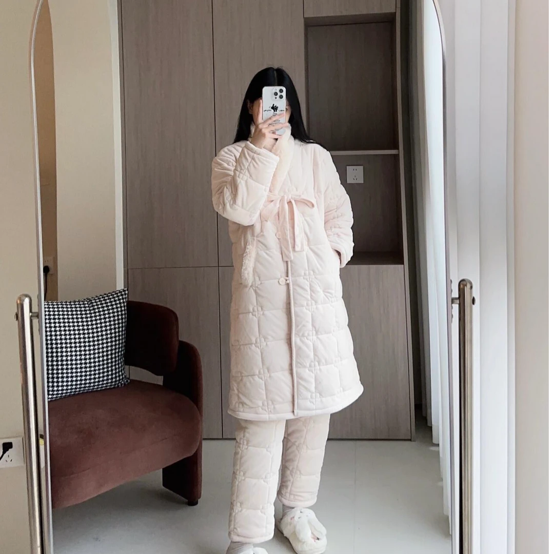 2024年新款三层加厚睡衣女秋冬季珊瑚绒夹棉加绒可爱法兰绒家居服
