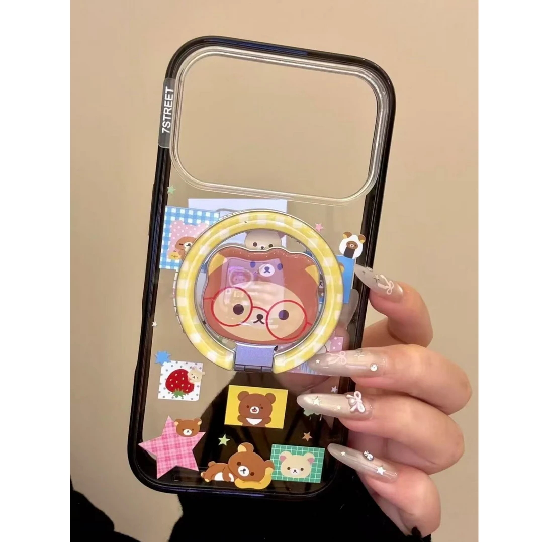 韩系透明拼图轻松熊磁吸手机壳适用苹果17promax/16防摔可爱格纹