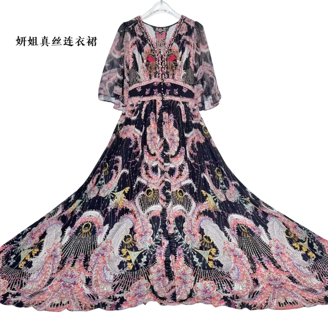 设计师2025春夏新款轻奢重磅V领气质仙女真丝连衣裙 黑色 24045