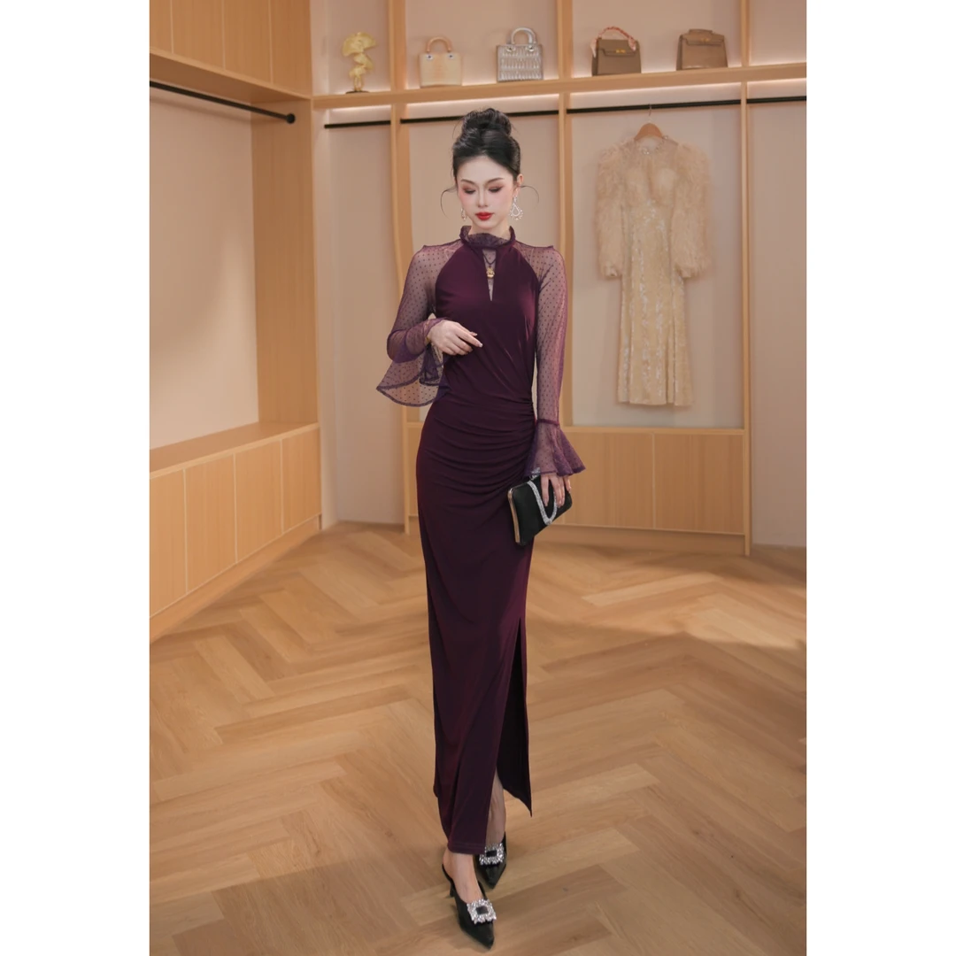 【设计师定制】新款时尚气质捏褶收腰开叉包臀连衣裙20844