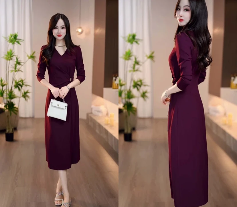 【新品上新】2025秋季紫色V领收腰系带优雅时尚气质显瘦女装连衣裙