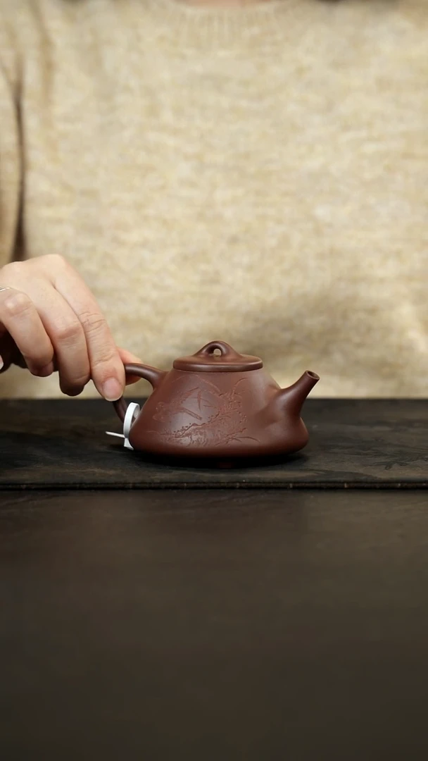 茶壶紫砂紫泥子冶石瓢刻绘150cc