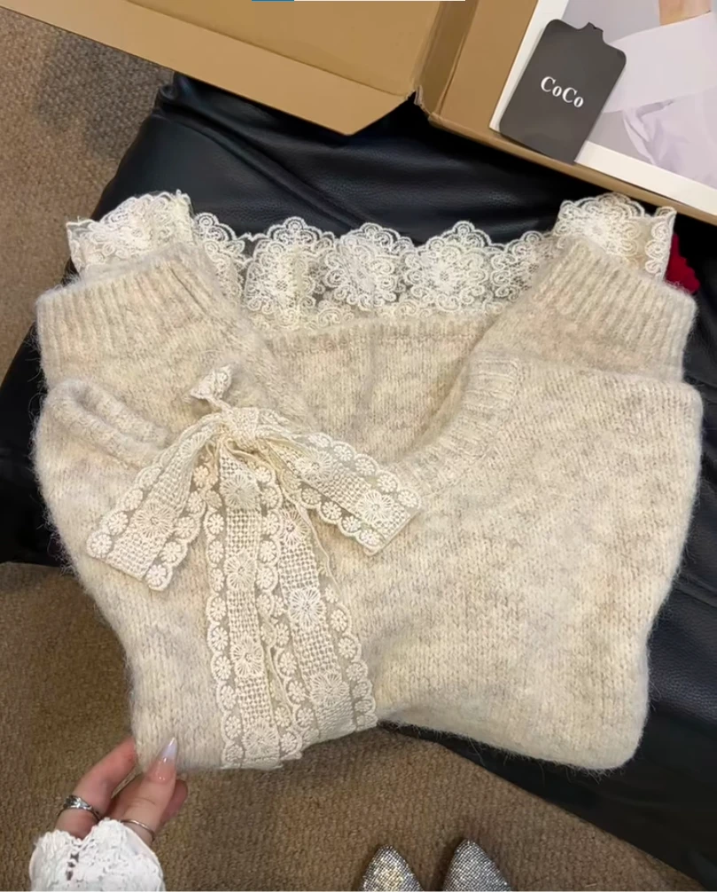 秋冬季温柔风蝴蝶结蕾丝拼接系带针织衫女甜美慵懒风软糯套头毛衣