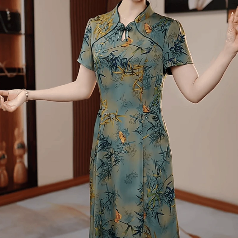 2025夏季新款时尚气质竹叶印花收腰显瘦精致洋气高贵上档次连衣裙