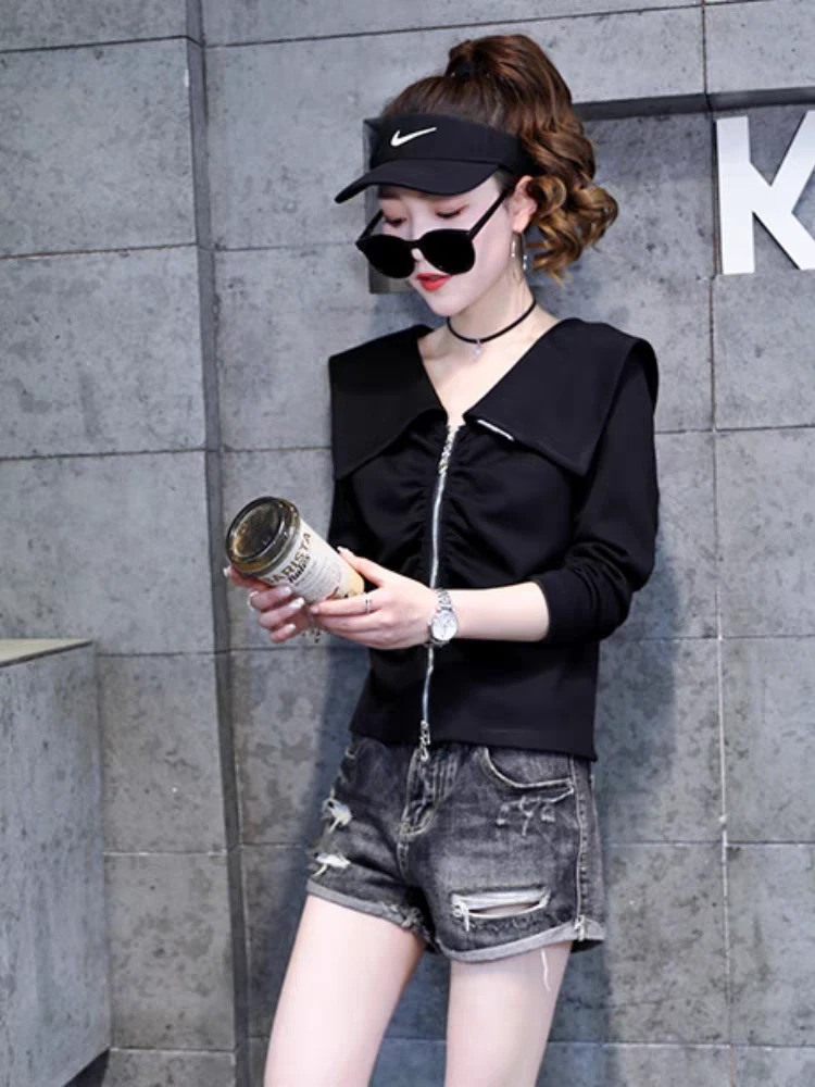 拉链开衫短款修身小外套女春2025年新款荷叶领时尚洋气薄款上衣82