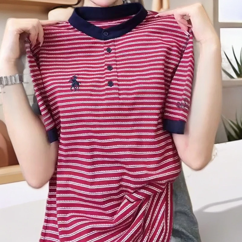 韩版小马刺绣t恤女短袖2025夏季新款撞色条纹百搭正肩休闲上衣ins