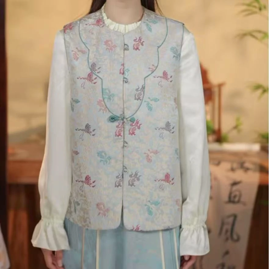 茹  新中式桑蚕丝 蓝底蝴蝶织锦缎马甲 29224