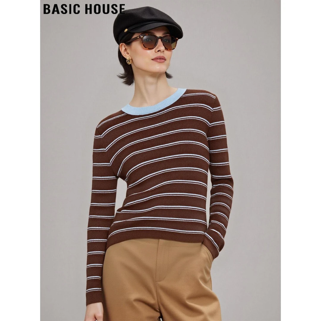 Basic House/百家好复古条纹撞色圆领含羊毛针织衫女2025秋冬打底