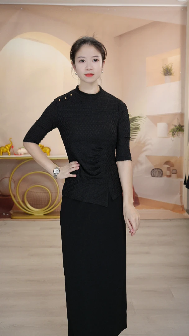 S2524  纯色中长款七分袖常规款毛针织衫黑色夏季圆领毛衫