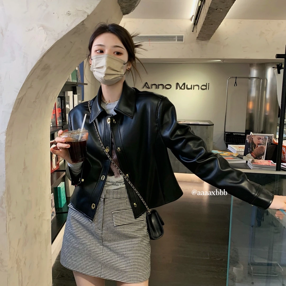 aaaaxbbb “曼哈顿暗夜” 金扣黑色皮衣女休闲百搭酷辣机车短款外套