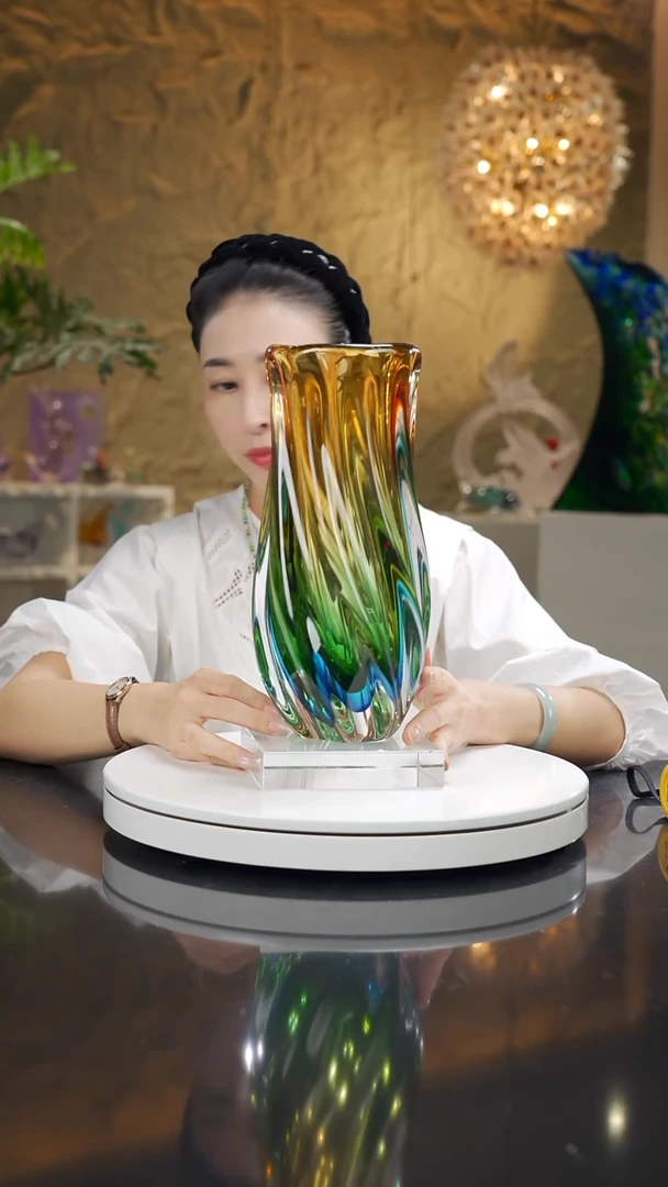 手工艺品琉璃琥珀蓝波浪花瓶